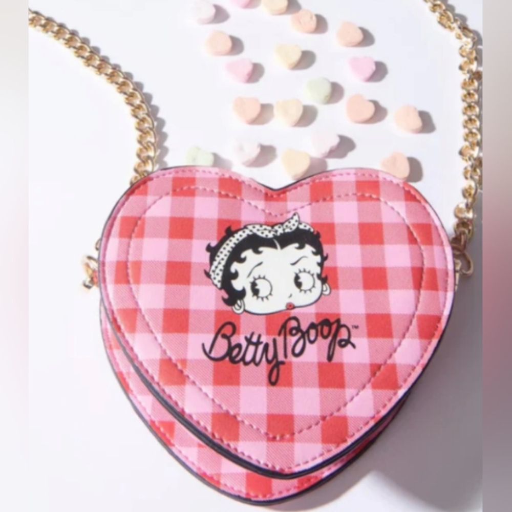 Betty Boop X Unique Vintage Red & Pink Plaid Betty Boop Heart Handbag. NWT